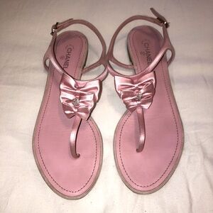 Chanel Pink Satin Sandals with Crystal CC logo and bows size 38.5